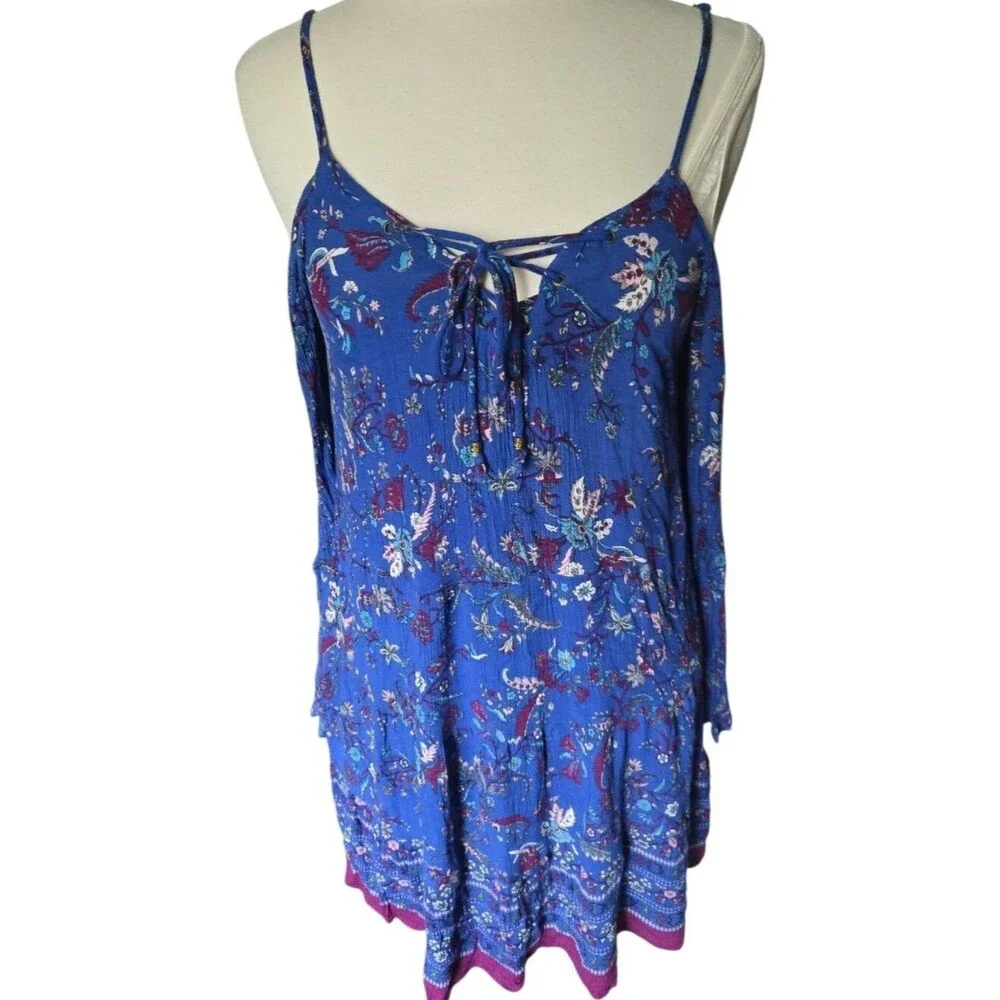 Xhilaration Blue Paisley Floral Cold Shoulder Mini Dress Lace Up Boho Ruffle - L